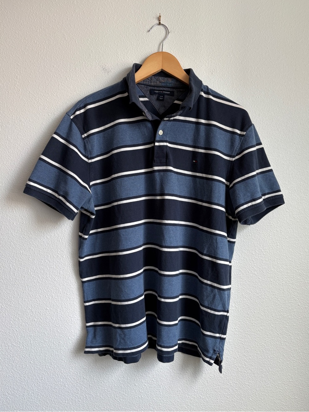 Tommy Hilfiger Mens Striped Polo Shirt Navy Blue White Short Sleeve Large